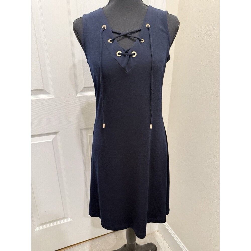 Philosophy Dress Womens Small Navy Sleeveless Lace Up Grommet Shift Stretch